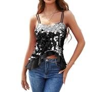 Black Going Out Top Women's Sparkly Sequin Vest Tops with V Neck Sleeveless Casual Party Festival Outfits for Ladies Sexy Camisole Tank Holiday Night Out Black XL