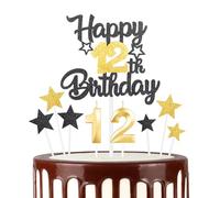 Black Gold 12th Happy Birthday Candles Cake Toppers Set, Number 12 Candle for Cake, Gold Candles for Women Men Birthday Decorations, Star Cake Toppers for Girls Boys Birthday Party Wedding Anniversary