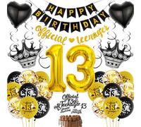 Black Gold 13th Birthday Decorations - 71 Piece Official Teen Kit with Number 13 Crown, Heart Foil Balloon, Cake Topper for Boy or Girl's 13th Birthday Party