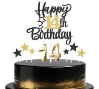 Black Gold 14th Birthday Candles Cake Toppers Set,14th Birthday Decorations for Boy,Golden Number 14 Candle for Cake,Gold Candle Black Star Cupcake Toppers for Girls Boys Birthday Party Supplies
