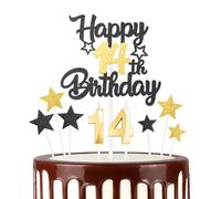 Black Gold 14th Happy Birthday Candles Cake Toppers Set, Number 14 Candle for Cake, Gold Candles for Women Men Birthday Decorations, Star Cake Toppers for Girls Boys Birthday Party Wedding Anniversary