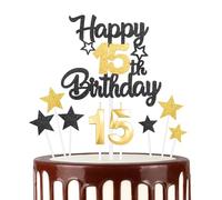 Black Gold 15th Happy Birthday Candles Cake Toppers Set, Number 15 Candle for Cake, Gold Candles for Women Men Birthday Decorations, Star Cake Toppers for Girls Boys Birthday Party Wedding Anniversary