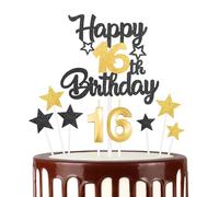 Black Gold 16th Happy Birthday Candles Cake Toppers Set, Number 16 Candle for Cake, Gold Candles for Women Men Birthday Decorations, Star Cake Toppers for Girls Boys Birthday Party Wedding Anniversary