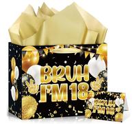 Black Gold 18th Birthday Gift Bag with Greeting Card Tissue Paper 11.8'' Bruh I'm 18 Wrap Bag for Men 18 Year Old Birthday Anniversary Party Decorations Goodie Wrapping Bag Presents Decor Supplies