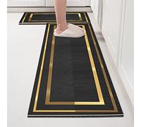Black Gold 2-Piece Kitchen Rug Set - 40x60cm & 40x120cm Non-Slip, Washable Mats - Oil Resistant, Suitable for Kitchen, Living Room, Office, Bedroom