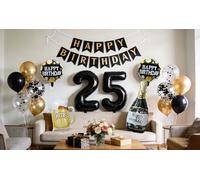 Black Gold 25th Birthday Party Decorations, Birthday Banner Number 25 Champagne Bottle Beer Confetti Foil Balloons for Cheers to 25 Years Party Supplies for Men Women(25th)