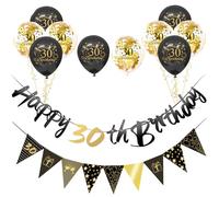 Black Gold 30th Birthday Decor Kit - 12pcs, Includes Bunting Banner, Triangle Flags, Balloons for Him & Her