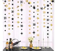 Black Gold 30th Birthday Decorations Number 30 Circle Dot Twinkle Star Garland Metallic Streamer Bunting Banner Backdrop for Mens Womens Happy Dirty 30 Year Old Thirty Anniversary Party Supplies