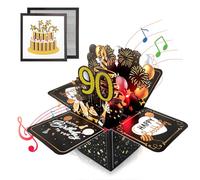 Black Gold 3D Pop Up 90th Musical Birthday Card for Men Women Him Her Birthday Gifts,Singing Blowable Candle Light Up Happy 90th Birthday Cards for Male Female Grandma Grandpa Mum Dad Wife Husband