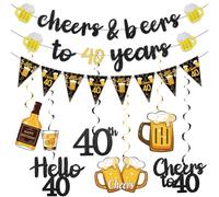 Black Gold 40th Birthday Decorations for Him Men, Glitter Pre-Strung Cheers to 40 Years Banner Hello 40 Hanging Swirls Paper Triangle Flag Banner Decorations Bday Party Supplies Kit