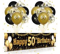 Black Gold 50th Birthday Decorations for Men Women, Black and Gold Happy 50th Birthday Yard Banner 18 PCS Latex Confetti Balloons for 50 Year Old Anniversary Party Indoor Outdoor Yard Decor Supplies
