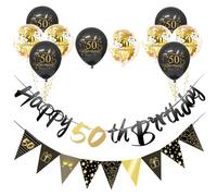 Black Gold 50th Birthday Decorations Kit for Men Women - 12pcs Decor Set With Happy Birthday Bunting Banner, Triangle Flag, Balloons for Him Her Party