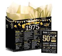 Black Gold 50th Birthday Gift Bag - Wixben Vintage Back in 1975 Birthday Decorations, Large Wrapping Bag with Handle Tissue Paper Greeting Card for 50 Year Old Women Men, 50th Party Decor Supplies