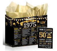 Black Gold 50th Birthday Gift Bag - Wixben Vintage Back in 1975 Birthday Decorations, Large Wrapping Bag with Handle Tissue Paper Greeting Card for 50 Year Old Women Men, 50th Birthday Party Supplies
