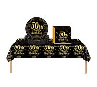 Black Gold 50th Plastic Table Cloth, Paper Plates & Napkins Tableware Set, 37P Birthday Décor Kit for Him & Her