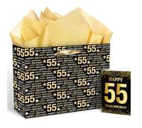 Black Gold 55th Birthday Gift Bag With Tissue Paper and Card - Party Supplies for Men and Women - Gift Wrap Candy Bags