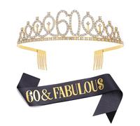 Black Gold "60 & Fabulous"Sash & Rhinestone Tiara Set, 60th Birthday Gifts for Women, Birthday Sash/Tiara for Women's 60th Birthday Party Decoration (Black 60th)