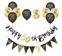 Black Gold 60th Birthday Decorations Kit for Men Women - 12pcs Decor Set With Happy Birthday Bunting Banner, Triangle Flag, Balloons for Him Her Party
