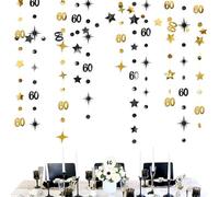 Black Gold 60th Birthday Decorations Number 60 Circle Dot Twinkle Star Garland Metallic Streamer Bunting Banner Backdrop for Mens Cheers to 60 Year Old Happy 60th Birthday Anniversary Party Supplies