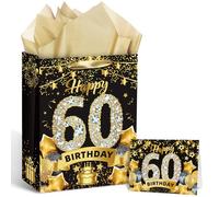 Black Gold 60th Birthday Gift Bag, Gold 60th Birthday Gift Wrap Bag with Tissue Paper and Card Gift Wrapping Bags for Men Women 60 Year Old Party Favors Supplies 9.8x3.1x12.9inch