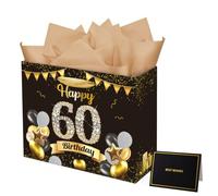 Black Gold 60th Birthday Gift Bag with Tissue Paper & Greeting Card-60 Gift Bag for 60th Birthday Presents for Men/Women, Birthday Party Supplies-25x10x20 cm(60th birthday)