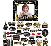 Black Gold 60th Birthday Party Decorations - Giant Inflatable Selfie Frame with 32pcs Photo Booth Props for Women Men Ladies Him Her