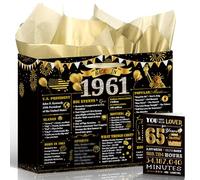 Black Gold 65th Birthday Gift Bag - Wixben Vintage Back in 1961 Birthday Decorations, Large Wrapping Bag with Handle Tissue Paper Greeting Card for 65 Year Old Women Men, 65th Party Decor Supplies