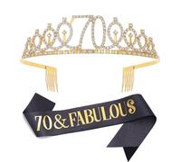 Black Gold "70 & Fabulous"Sash & Rhinestone Tiara Set, 70th Birthday Gifts for Women, Birthday Sash/Tiara for Women's 70th Birthday Party Decoration (Black 70th)