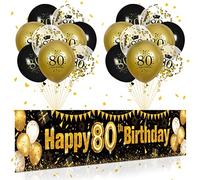 Black Gold 80th Birthday Decorations for Men Women, Happy 80th Birthday Yard Banner Sign Decor and 18 PCS Latex Confetti Balloons for 80 Year Old Anniversary Party Outdoor Yard Supplies