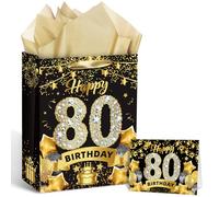 Black Gold 80th Birthday Gift Bag - Gold & Black Wrap Bags with Tissue Paper & Card - Candy Wrapping Bags for Men, Women & Christmas