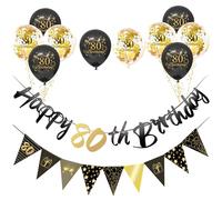 Black Gold 80th Decorations - 12pc Kit, Happy Birthday Bunting Banner, Triangle Flag, Balloons for Him & Her