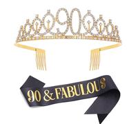 Black Gold "90 & Fabulous"Sash & Rhinestone Tiara Set, 90th Birthday Gifts for Women, Birthday Sash/Tiara for Women's 90th Birthday Party Decoration(Black 90th)
