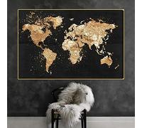 Black Gold Abstract World Map Canvas Painting Posters and Prints Modern Wall Art Picture Living Room Bedroom Decor Mural 70x110cm Frameless