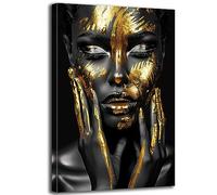 Black Gold African American Woman Canvas Wall Art Golden Black Woman Prints Posters Picture Pretty Afric Girl Paintings for Bedroom Living Room Home Decor-(12"W x 18"H)
