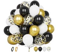 Black Gold Balloons, 60 pcs 12 Inch Matte Black Gold White Confetti Latex Balloon with Ribbons For Boys Men Birthday Baby Shower Wedding Graduation Anniversary Engagement Retirement Party Decorations