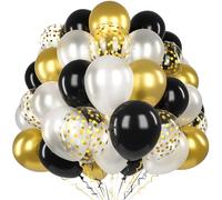 Black Gold Balloons, 60 Pcs 12 Inch Matte Black White Metallic Gold Latex Balloon Set with 2 Ribbons and Confetti Balloons for Boys Girls Men Women Birthday Baby Shower Wedding Graduation Party Deco