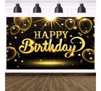 Black Gold Birthday Backdrop Decorations Golden Balloons Glitter Star Happy Birthday Backdrop Banner Photography Background for Women men Party Photo Booth Supplies 5x3ft