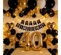 Black Gold Birthday Balloon Decoration Set Banner Number 40 Balloon Black White Gold Latex Balloons Heart Foil Balloons for Men 40th Birthday Party Supplies (black gold 40)