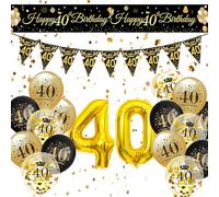 Black Gold Birthday Decoration for Women Men, 40th Happy Birthday Banner, Black Gold 40th Birthday Balloons, 40th Triangle Flag Banner Number 40 Foil Balloon for 40th Anniversary Birthday Party Decor
