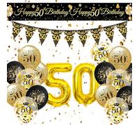 Black Gold Birthday Decoration for Women Men, 50th Happy Birthday Banner, Black Gold 50th Birthday Balloons, 50th Triangle Flag Banner Number 50 Foil Balloon for 50th Anniversary Birthday Party Decor