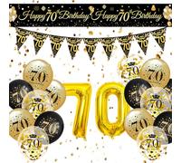 Black Gold Birthday Decoration for Women Men, 70th Happy Birthday Banner, Black Gold 70th Birthday Balloons, 70th Triangle Flag Banner Number 70 Foil Balloon for 70th Anniversary Birthday Party Decor