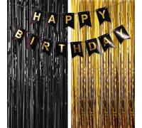 Black Gold Birthday Decorations, 2PCS Tinsel Foil Curtains Door Streamers Party Backdrop Background, BlackGold Happy Birthday Banner Bunting with Foil Fringe Curtain for Birthday Party Decorations