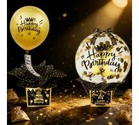 Black Gold Birthday Money Box - All-in-One Surprise Gift Set with 2 Balloons (Golden & Transparent), 50 Money Bags, Cards & Decorations for Adult Party - Easy Assembly No Helium Needed 13x13x11cm