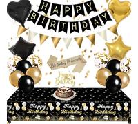 Black Gold Birthday Party Decorations - Happy Birthday decorations Banners Balloons Tablecloth Cake Topper Sash Bunting Flags Number Balloons for Adults Men Women Birthday Decor