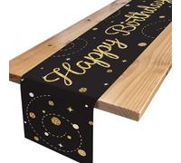 Black Gold Birthday Table Runner, Happy Birthday Decorations for Men Women, Birthday Table Cloth for Him Her, Birthday Table Decoration for Party Supplies Gifts,180x35cm