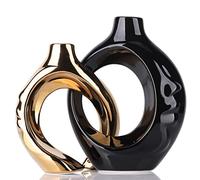 Black Gold Ceramic Vase Set of 2 for Modern Home Decor,Round Boho Vase for Pampas Grass,Neutral Minimalist Statue for Dining Room Table Centerpiece Dining Room,Wedding Table Decoration