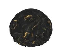 Black Gold Dragon Cool Print Shower Caps for Women, Reusable Double Layers Elastic Band Long Hair Bath Caps for Shower