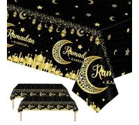 Black Gold Eid Mubarak Tablecloths 137*274cm Ramadan Mubarak Table Cover,2pcs Moon&Star Rectangular Plastic Disposable Tablecover for Ramadan Umrah Mubarak Islam Muslim Home Room Dinning Table Décor