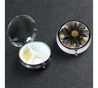 Black Gold Flower Pill Box 3 Compartment Waterproof Pill Container with Mirror Metal Medicine Box Organizer Portable Vitamin Case for Pocket & Purse Travel - Round