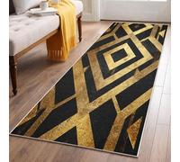 Black Gold Geometric Hallway Rug 80x300, Art Deco Runner Rug Non-Slip Washable Low Pile Carpet, Modern Luxury Rugs for Kitchen Laundry Room Bedroom MU134sa